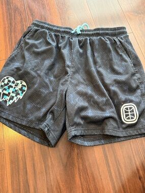 Black Athletic Mesh Men's Shorts with Teal Accents